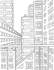 Urban landscape. Balcony view to buildings and skyscrapers. Hand drawn coloring page for kids and adults. Beautiful lineart drawing. Coloring pictures. Vector