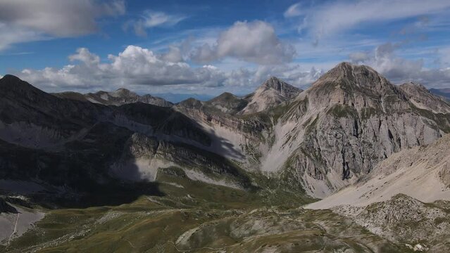 Panoramic Drone view from Gran Sasso mountain, in Abruzzo region, central Italy, summer day in the mountains. Tourist destination in Italy