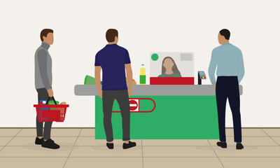 Three male characters with groceries are standing near the cash register indoors