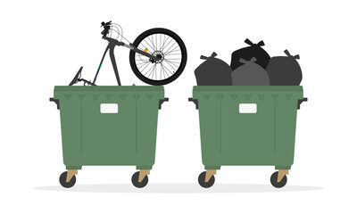 Two garbage containers, one of which contains a bicycle and the other with trash bags on a white background
