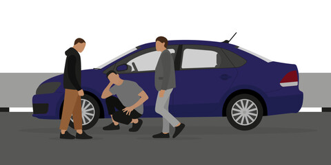 Three men near the wheel of a car on the road