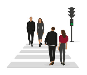 Two couples of young people walk along a pedestrian crossing towards each other at the green traffic light on a white background