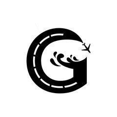 illustration of the letter g with the addition of roads, airports, sea, waves and planes