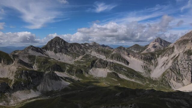 Panoramic Drone view from Gran Sasso mountain, in Abruzzo region, central Italy, summer day in the mountains. Tourist destination in Italy