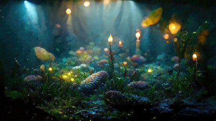 Dark magical underwater ocean scene with glowing lights - obrazy, fototapety, plakaty