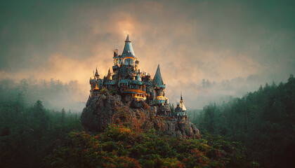 Old fairy tale castle on rock in forest as illustration - obrazy, fototapety, plakaty