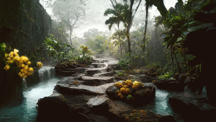 Footpath as hiking trail trough water in rainforest jungle