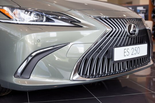 Russia, Izhevsk - July 21, 2019: New modern car ES 250 in the Lexus showroom. Cropped image. Famous world brand.