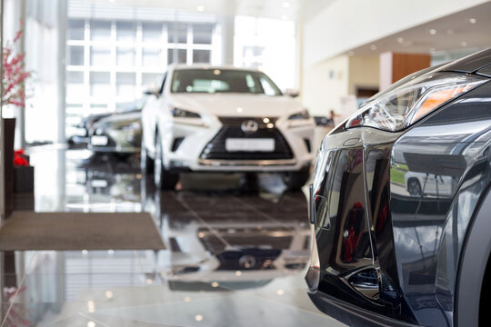 Russia, Izhevsk - July 21, 2019: Lexus showroom. New modern cars in the dealer showroom. Famous world brand.