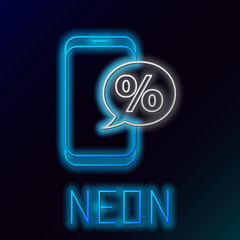 Glowing neon line Percent symbol discount and mobile phone icon isolated on black background. Sale percentage - price label, tag. Colorful outline concept. Vector