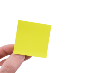 mano che regge un cartoncino giallo con spazio vuoto per messaggio su sfondo trasparente