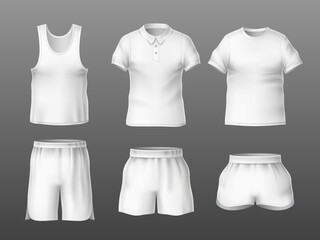 Realistic t-shirts and short. Empty white summer sport outfits front view, football casual clothes, blank empty textile, clean soccer uniforms mockup, mens underwear, utter vector isolated set