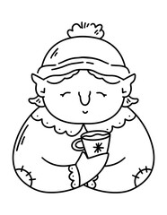 Cartoon Christmas elf coloring page. Funny gnome with cup.