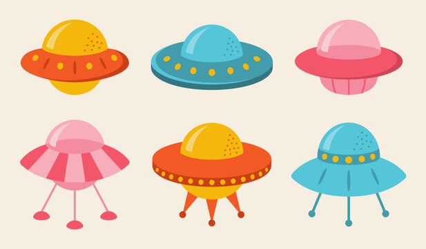 Collection of flat cute flying saucers for kids. Childish spaceships in cartoon style. Vector illustration.