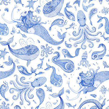 Seamless pattern of blue watercolor fairy tale sea animals and mermaid. Fantasy fish, octopus, coral, sea shells, bubbles, isolated on a transparent background 