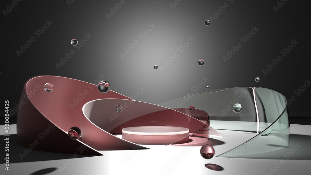 Poster 3d render round podium on water with glass wall . presentation banner. Modern design promotion mock up. Geometric background with empty space.Minimal scene with podium and abstract background. 