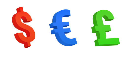 Obraz premium Colored currency symbols. Volume 3d signs of red dollar and blue euro green pound sterling