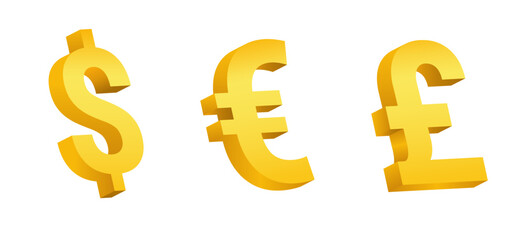 Golden currency symbols. Volume 3d signs of dollar and euro pound sterling