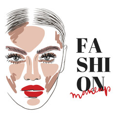 Fashion makeup, handwritten inscription, portrait of a girl with red lipstick