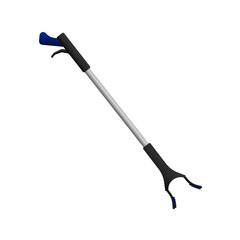 Modern stick grabber. Aluminum device with blue automatic handle and tongs