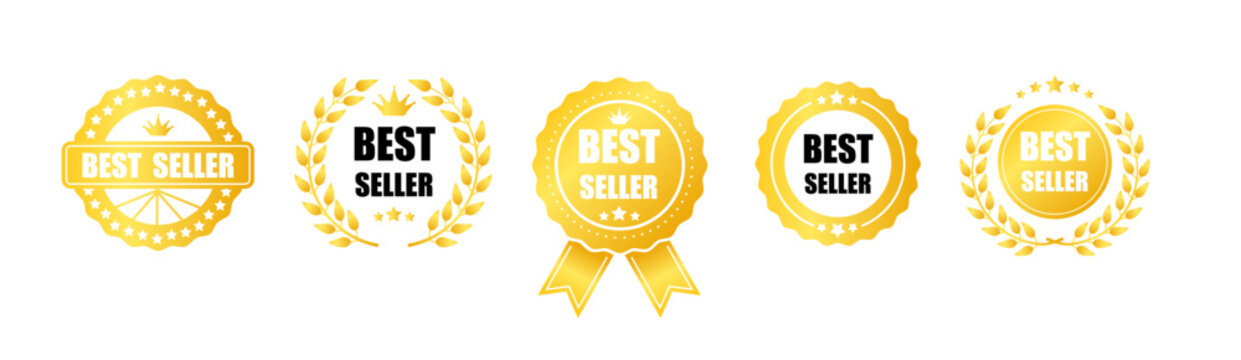 Gold sticker best seller set. Elite round label award to qualified marketer for promotions and volumes of advertising vector sales