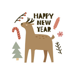 Happy new yeas. Cartoon deer, christmas tree, candy, hand drawing lettering, décor elements. holiday theme. Colorful vector illustration, flat style. design for greeting cards, print, poster