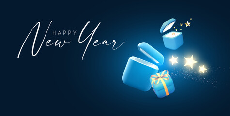 Merry Christmas and Happy New Year Holiday background with gift box, fir tree branch, snowflakes, bokeh effect and neon lights