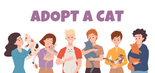Fototapeta na wymiar Adopt a cat banner or poster template with characters, flat vector illustration.