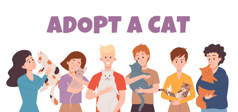 Adopt a cat banner or poster template with characters, flat vector illustration.