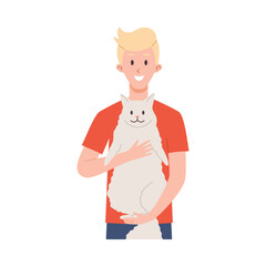 Happy blonde young man in red t-shirt holding smiling fluffy cat flat style