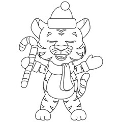 a tiger cub in a Santa Claus New Year's hat, mittens and a scarf stands with a lollipop, hand drawing, line 