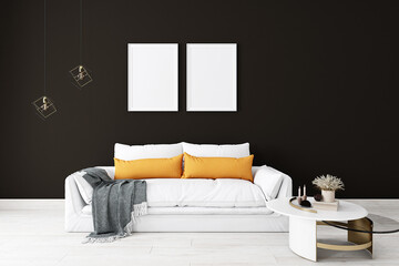 living room interior, frame mockup and white couch, orange pillows