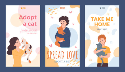 Set of flyers about adopting pet flat style, vector illustration