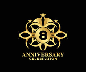 8 Years Anniversary. Invitation card. Celebrating of, colorful shape decoration Logo with Luxury Design