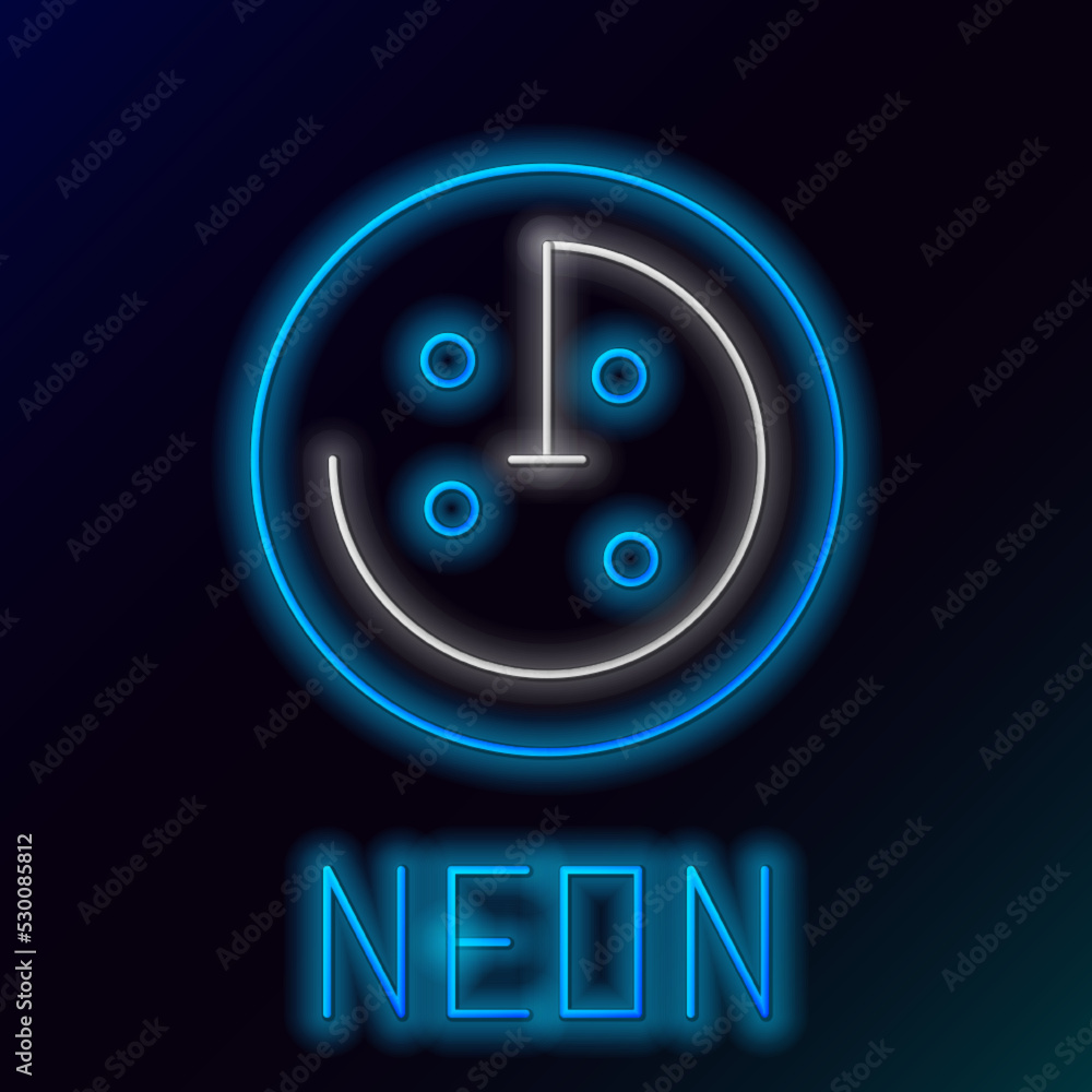 Poster glowing neon line radar with targets on monitor in searching icon isolated on black background. sear