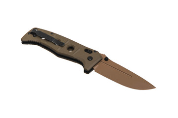 Khaki pocket folding knife. Compact metal sharp tactical knife with a folding blade. Isolate on a white back.