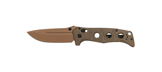 Khaki pocket folding knife. Compact metal sharp tactical knife with a folding blade. Isolate on a...
