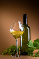 Bottle, glass of white wine and grapes with vine