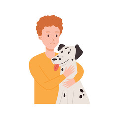 Young man hugging a huge adorable dog flat cartoon vector illustration isolated.