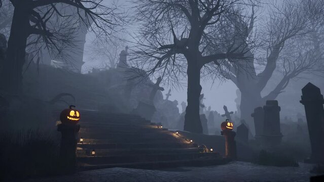 A wide shot of a zombie walks through a graveyard during a thunderstorm
