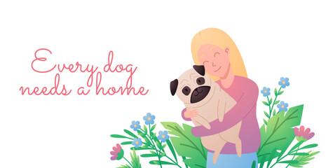 Banner with smiling blonde woman hugging pug dog flat style