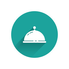 White Covered with a tray of food icon isolated with long shadow. Tray and lid. Restaurant cloche with lid. Kitchenware symbol. Green circle button. Vector