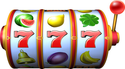 A slot machine reel with 777 symbol combination. 3D rendered illustration  - obrazy, fototapety, plakaty