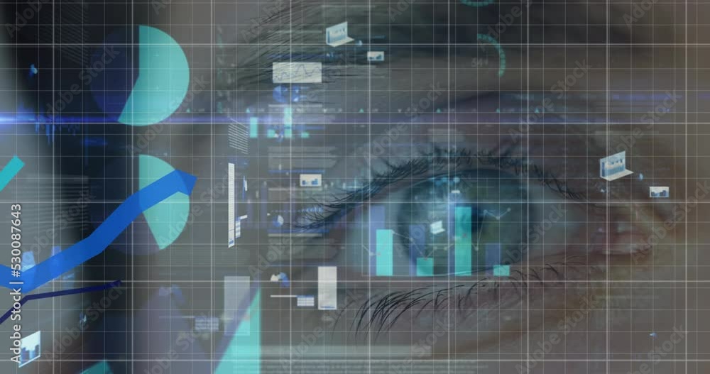 Poster animation of statistical data processing over grid network against close up of a male eye