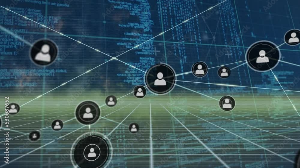 Poster animation of profile icons interconnecting with lines and computer language over abstract background