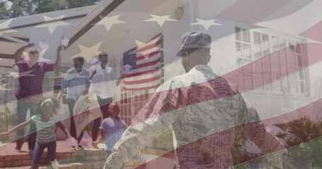 Animation of national flag of america over african american soldier hugging daughter - Powered by Adobe