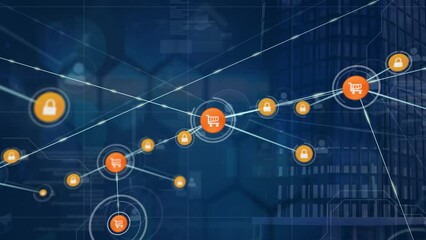 Animation of multicolored shopping cart and padlock icons connected with lines over skyscraper - Powered by Adobe