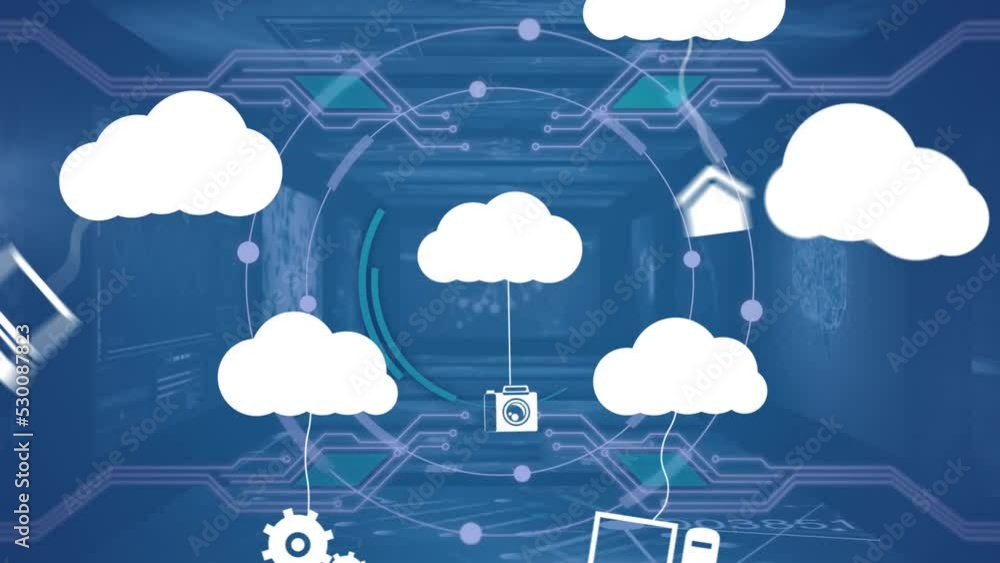 Aufkleber animation of application icons hanging on clouds over infographic interface in background