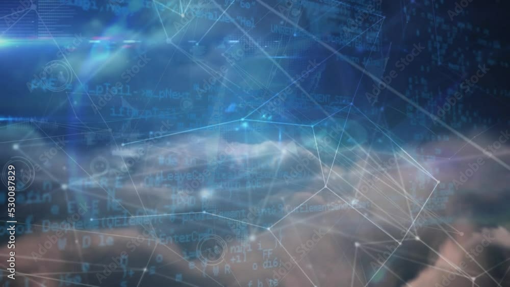 Poster animation of programming language, glitch technique and dots connected with lines over skyscape