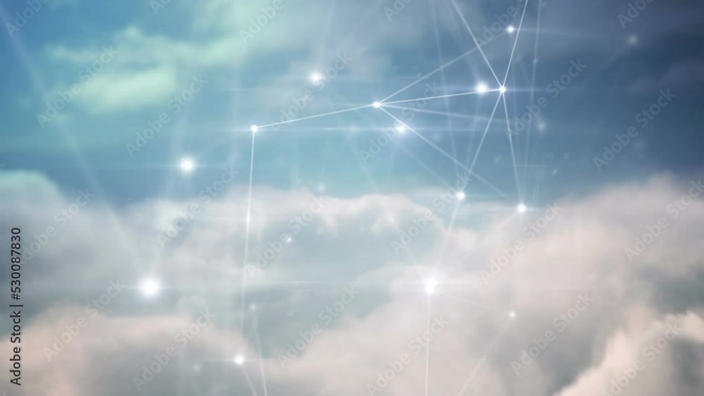 Poster animation of dots connecting with lines and lens flare over cloudscape